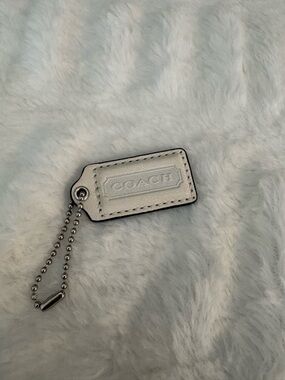 Coach Mini White Leather Bag Tag Keychain with Silver Chain